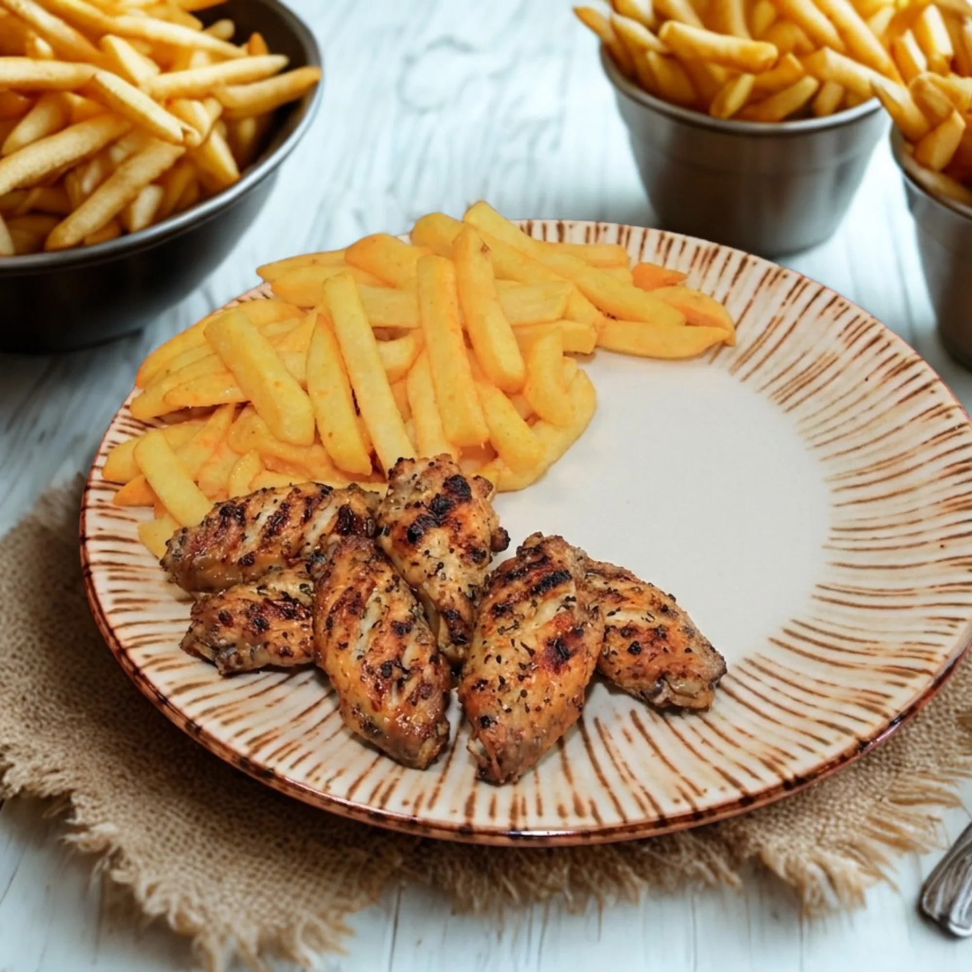 Kinder Chicken Wings, 5 Stück, gegrillte Hühnerflügel und Pommes